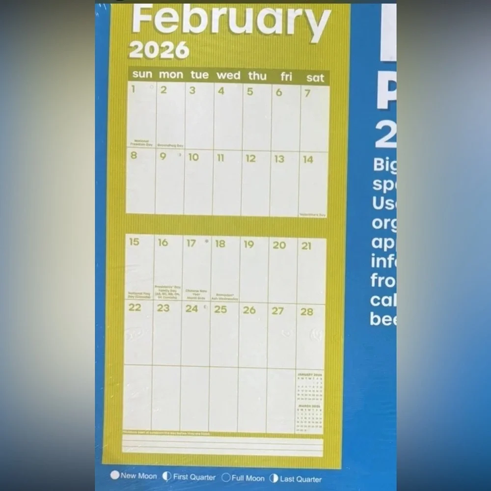 BIG PRINT 2026 12 Month Hanging Wall Calendar XL Writing Spaces 12” X 24” NWT